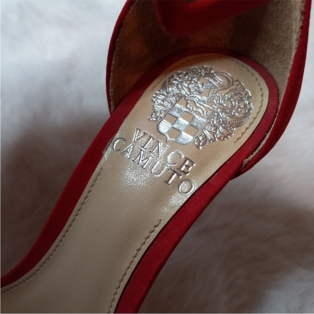 Vince Camuto Red Joshina Fringed Buckle Open Toe High Heels - Picture 6 of 11